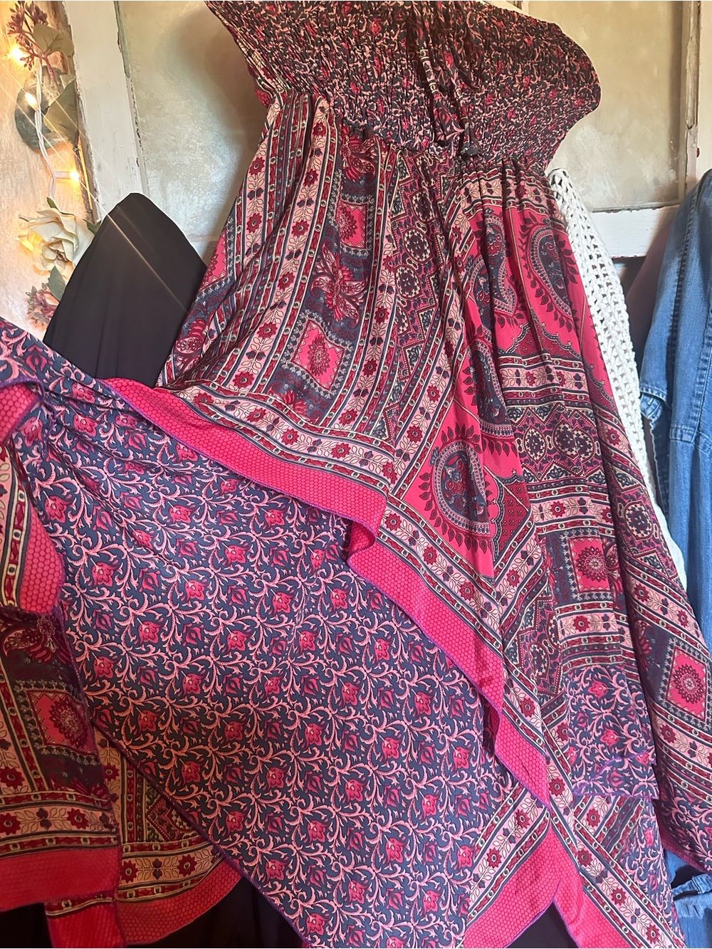 India Boutique Red, Pink, Navy Smocked Boho Strapless Dress - Picture 2 of 5